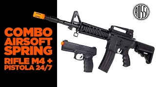 Combo Rossi Airsoft Spring Rifle M4 e Pistola 24/7 Vigor - Cronagem e Unboxing
