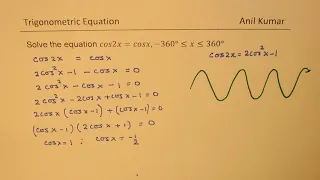 Solve Trigonometric equation cos2x=cosx 360 to 360°