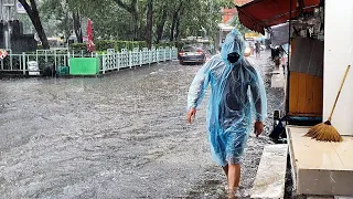 [4K] Walking in Heavy Rain Thunder Storm | Rainy Season in Bangkok Thailand