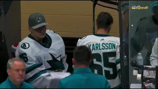 Erik Karlsson chucks his helmet on the ice