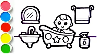 How to draw a cute bathroom for kids ? Painting and Coloring  a bathroom.