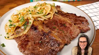 BIFE NA FRIGIDEIRA FÁCIL E SEM SUJEIRA NO FOGÃO! Bife acebolado de maminha