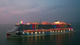 AIDA Cosma cruise ship Southampton bound passing Calshot 4k drone footage