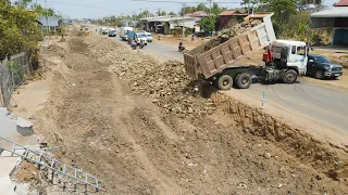 Installing Strong Foundation Widening Road Using Team Operator Bulldozer and Dump Truck Working