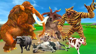 Monster Lion vs Woolly Mammoth Attacks Cow Cartoon Buffalo Saved By Giant Bull, Zombie Wolf