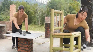 Build a dining table with bricks and tile, make bamboo chair - Cook first meal with new stove