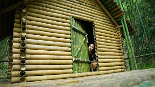 Solo Bushcraft Day 5 - Finishing Bamboo Cabin, Making Doors, Steps and Planting Flowers, Part 3