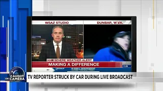 Caught on camera: TV reporter struck by car continues on-air story