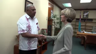 Fijian Prime Minister Voreqe Bainimarama receives Australian Foreign Minister Julie Bishop