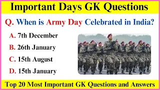 Top 20 GK Questions and  Answers | Important Days of India | National Days GK Questions | GK GS