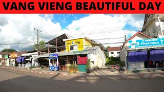 Beautiful sunny day in VANG VIENG LAOS | walking tour 4k60fps | travel vlog