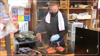 Amazing beef steak and hamburg steak grilled by a funny and famous old man. 肉最強伝説 キクリン