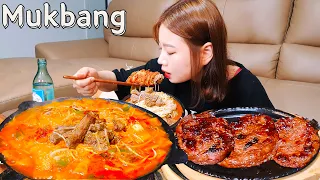 Sub)Real Mukbang - Spicy Beef Soup 🥘 & Grilled Steak & Noodles & Rice ASMR Korean Food