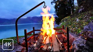 Cosy 4K UHD Crackling Campfire at the Lakeside Oasis - Romance and Ultimate Stress Relief!