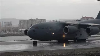 gibraltar Airport LXGB C17 taxi, engine test and take-off