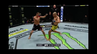 Jose Aldo drops Petr Yan with a leg kick