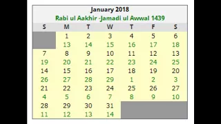 ISLAMIC CALANDAR DATES JANUARY-2018