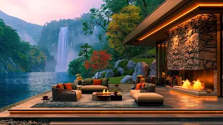 Smooth Jazz Instrumental Music at Cozy Spring Lakeside Porch Ambience with Relaxing Fireplace Sounds