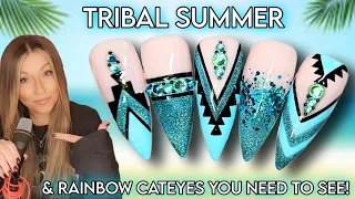 🪶 Turquoise Tribal Nail Art | Summer Nails | Rainbow Cateye Gel | Holographic | Holo | Glitter