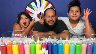 3 COLORS OF GLUE SLIME CHALLENGE MYSTERY WHEEL OF SLIME EDITION WITH OUR DAD PART 2!