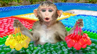 KiKi Monkey swimming and try Four Colors Water Balloons Challenge with ducklings | KUDO ANIMAL KIKI