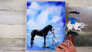 Blue Landscape | Girl and a Horse | White Clouds | Acrylics | Abstract Art |  Oval Brush