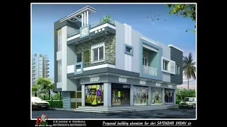 FRONT DESIGN ELEVATION OF HOUSE WITH SHOPPING COMPLEX