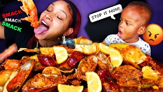 SMACKING TOO MUCH PRANK ON BABY ELIJAH + GREEN LIPPED MUSSELS MUKBANG | QUEEN BEAST SEAFOOD BOIL