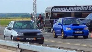 CRAZY VW Vento VR6 Turbo VS Subaru Impreza WRX STI 1/4 Mile Drag Race Viertelmeile Rennen Sound