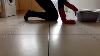 ASMR Mummy Washes the Floor Wearing Long Red Rubber Gloves