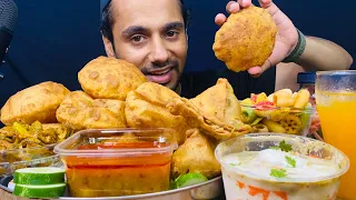 Eating Aloo Puri (Luchi), Jangali Karela, Samosa, Dahi Bhalla, Papad, Mango juice (Veg Eating Show)