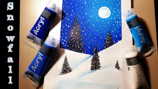 Easy Winter Snowfall Scenery With Acrylic  paint