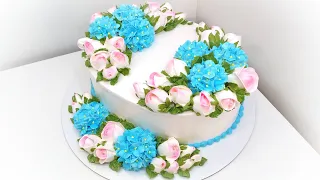 Торт с голубыми Гортензиями и Розами(крем БЗК). /Cake with blue Hydrangeas and Roses.