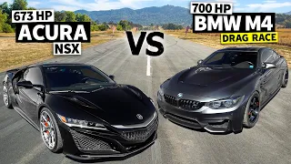 Twin Turbo Acura NSX vs 700hp BMW M4 Drag Race // THIS vs THAT