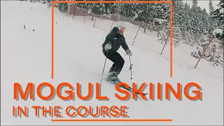 How to ski in a moguls course (stressing technical turns). Mogul skiing Lesson4 Julie Ray.