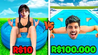 24 HORAS NA PISCINA DE R$10, R$100, E R$100.000 COM VILÕES!!