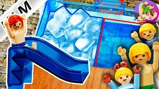 A Playmobil Story DON'T SLIDE INTO THE ICE COLD POOL Winter Swimming Pool Challenge Smith Family