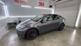 Tesla model Y wrapped in Satin Dark grey