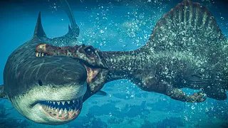Megalodon "HUNT & FIGHT" vs ALL Marine reptiles + Spinosaurus | JWE 2 Park Manager's Collection Pack
