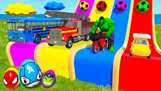 Monster Trucks Flatbed Trailer Truck Rescue - Big & Small McQueen Thomas Train - Cars vs Slide Color