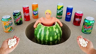 Experiment !! Stretch Armstrong VS Watermelon, Cola, Fanta, Mtn Dew, Pepsi and Mentos Underground