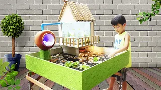 Bauen Sie Ihren oberen Innenhof schöner mit Mini Bambushaus und Aquarium