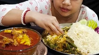 EATING... Basmati rice with Spicy Mutton Curry, Vendir Jhal, Salad 🥗 ||