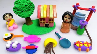 DIY How to make polymer clay miniature house, kitchen set, Doll , Charpai , tree | Village House
