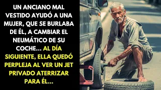 UN ANCIANO MAL VESTIDO AYUDÓ A UNA MUJER, QUE SE BURLABA DE ÉL, A CAMBIAR EL NEUMÁTICO DE SU COCHE..