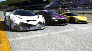 Devel Sixteen vs Bugatti Chiron SS 300+ vs Koenisegg Jesko Absolut at Old Spa