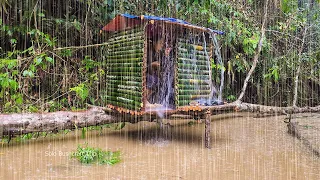 Water rises during heavy rain, Build a shelter on the riverbank | Solo Bushcraft Trip