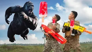 Battle Nerf War: Ice Cream Salesman & Monkey Use Nerf Guns Robbers Group Funny Nerf