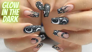 Glow in the Dark Nail Art | Moon, Stars & Flames | Easy Halloween Nails | French Tip Nail Deisgn