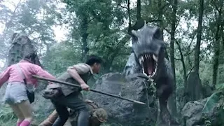 The Tyrannosaurus rex gets angry after being disturbed and attacks the humans!